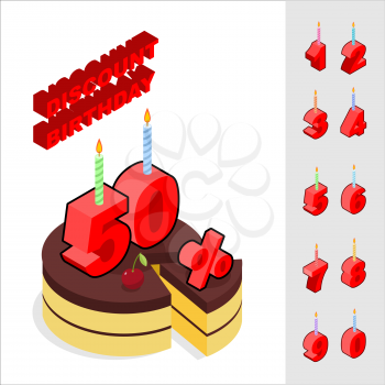 Discounts for birthday. Chocolate Cake and Candles and figures for sales. Piece of cake and cherry. Reducing cost of ake on day of birth. Dessert and set of isometric numbers
