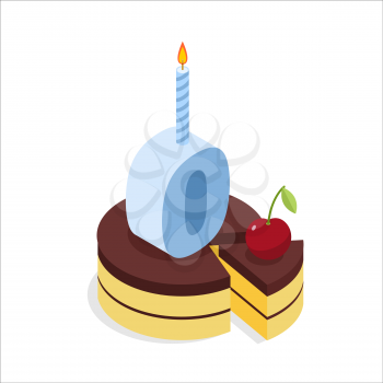 Digital zero birthday chocolate cake. Zero with candle. Celebration of anniversary cake with cherri. Festive meal isometric. Happy holiday  
