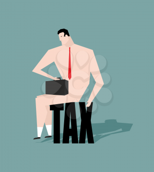 Sad businessman sitting on tax. depressive Naked man with a briefcase in hand. Bankrupt tie. Businessman bankrupt
