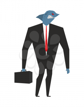 Business shark. Businessman with head sea predator. An evil predatory fish in business suit. Deep animal with briefcase and tie
