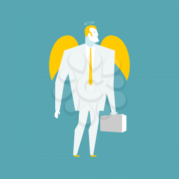 Angel businessman. Cherub paradise manager.  Guardian Angel for your business. Holy man with halo in business suit. Good seraphim with wings and case. Lamb of God Business man. Archangel with suitcase