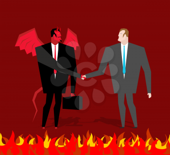 Deal with devil. Businessman and make a deal demon in hell. Satan and man shake hands. Handshake in purgatory. Contract between devil and  manager. Lucifer in business suit and sinner
