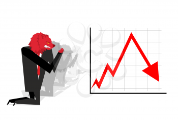 Red Bear prays for fall in rate of exchange. Red down arrow. Worship of money. Businessman Prayer quotes. Trader kneeling before schedule. Allegory illustration for magazine business. Financial idol
