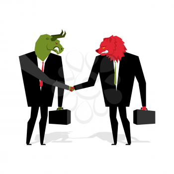 bull and bear Deal. Animals businessmen make trade. Men shake hands. Contract between traders on stock exchange. Handshake Beasts in suit and briefcase
