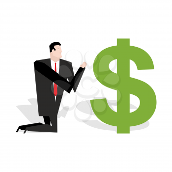 Financial idol. Businessman praying to dollar. Worship of money. Prayer cash. Man are standing on their knees in dollar sign. Allegory illustration for magazine business
