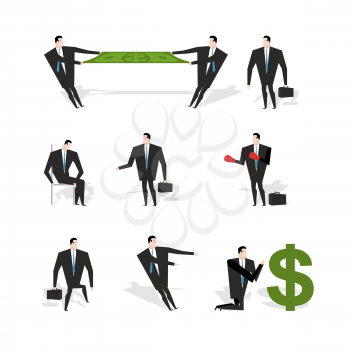 Set businessman situation. Figures of man in suit with briefcase. Share profit. Businessman with boxing gloves. Adoration of dollar. Prayer money. Sad sad Manager sits on chair
