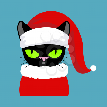 Santa black Cat. Pet in Christmas hat. New Year illustration. Xmas template of cute cat