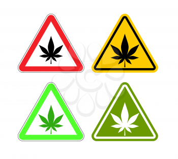 Warning sign attention drugs. Dangers of marijuana and yellow sign. cannabis leaf on red triangle. Set of road signs
