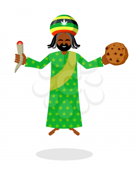 God ganja. idol Jah gives  rasta cookies and joint or spliff. Reggae Rastafarian hat and dreadlocks. Rastaman deity. Jamaican deity brings gifts