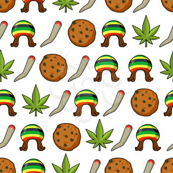 Rasta icons seamless pattern. Green leaf of marijuana and cookie. Rastafarian hat and joint or spliff. Reggie background. Jamaican texture. Rastaman ornament
