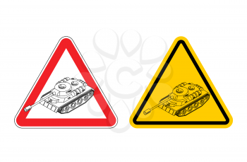  Warning sign of attention War. Dangers yellow sign army. Tank on red triangle. Set of road signs

