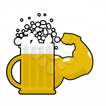 Strong beer. Mug with big muscles. Powerful alcohol. Hands bodybuilding
