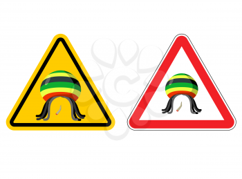 Warning sign Rastaman. Attention Stoned drug man. Dangers yellow sign rasta hat and joint or spliff. Marijuana drug on red triangle. Set of road signs
