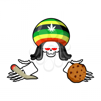 Rasta death offers cookies and joint or spliff. Rastafarian dreadlocks skull and beret. Grim Reaper for Rastafarians. Jamaican demon holding biscuit and marijuana and smoking drugs. ganja skeleton

