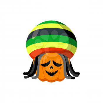 Rasta Halloween. Rastaman hat and dreadlocks. Pumpkin for Rastafarians. Symbol terrible holiday in Jamaican style
