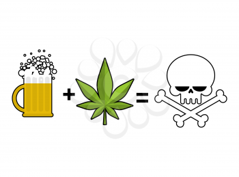 Alcohol and drugs is death. Mug of beer and marijuana leaf is equal to skull and crossbones, symbol end of life
