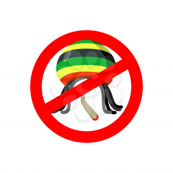 Stop Rastaman. Prohibited Stoned drug man. Dangers red sign rasta hat and joint or spliff. Crossed-marijuana drug. Ban reggae Rastafarian
