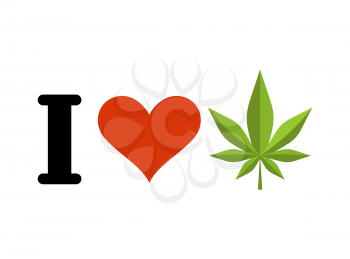 I love drugs. Heart and marijuana leaf. Emblem for fans to smoke weed
