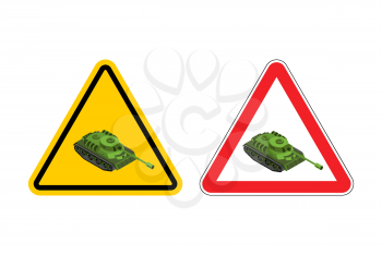 Warning sign of attention War. Dangers yellow sign army. Tank on red triangle. Set of road signs
