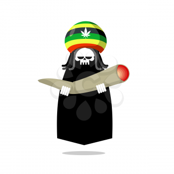 Rasta death offers joint or spliff. Rastafarian dreadlocks skull and beret. Grim Reaper for Rastafarians. Jamaican demon holding marijuana and smoking drugs
