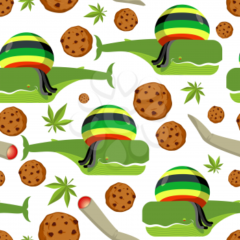 Rasta whale and cookies seamless pattern. Large marine animals in Rastafarian hat ornament. Long black dreadlocks. Stoned drug blower. jamaica beast background
