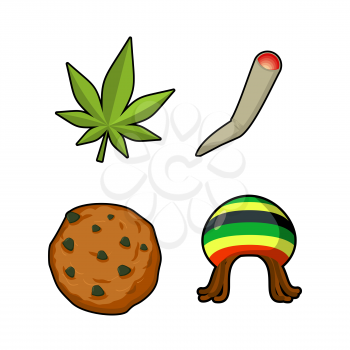Rasta icons set. Green leaf of marijuana and cookie. Rastafarian hat and joint or spliff. Reggie signs. Jamaican objects. Rastaman symbol
