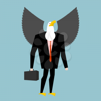 Eagle businessman. business bird in suit. Winged black manager in suit. Bald eagle with wings and case. Avian boss. Animal businessman isolated
