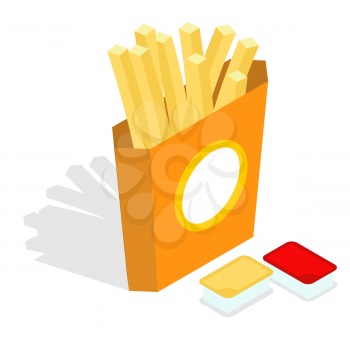 French fries isometrics. Slices of roasted potatoes in paper box. 3d Fast food. Fresh juicy yellow potatoes. Set sauces, condiments: ketchup and cheese sauce
