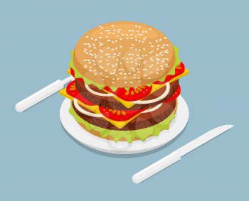 Hamburger isometrics. 3D Fast food on plate. Cutlery fork and knife. Kitchenware. Big Juicy Burger with cheese and vegetarian cutlets. Onions and tomatoes. Petite American Sandwich
