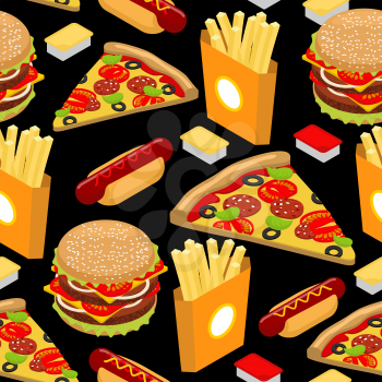 Fast food pattern. Hamburger and french fries on black background. Pizza and Hot Dog texture. Ornament delicious food. Cheese sauce and ketchup

