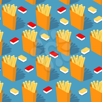 French fries in paper box seamless pattern. Fast food background. Cheese sauce and ketchup texture. food Ornament
