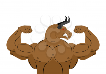 Angry bull strong athlete. Aggressive fitness animal. Wild animal bodybuilder with huge muscles. Bodybuilder with horns. Sports team mascot

