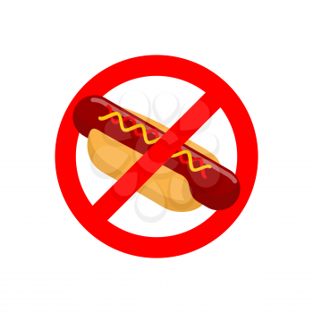 Ban hot dog. Stop fast food. Tasty sausage and bun. Emblem against harmful food. Red prohibition sign.
