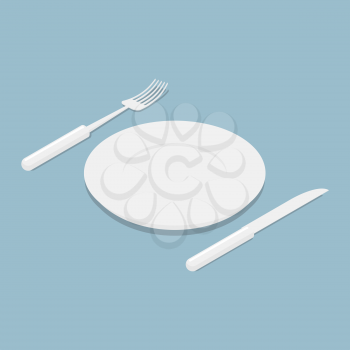 Cutlery isometrics. 3d Empty plate. Knife and fork. Kitchen utensils for eating. eating food