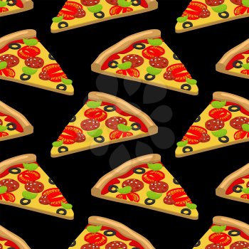 Pizza pattern. Piece of tasty pizza on black background. Texture of food. Ornament Italian food