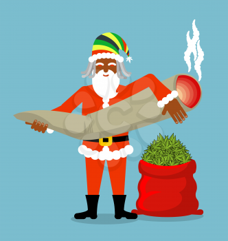 Rasta Santa Claus wishes. Big Red sack hemp . Bag of marijuana. Pile of green cannabis. great joint or spliff. Smoking drug. Cheerful grandfather with dreadlocks and Rastafarian hat. New Year in Jamai