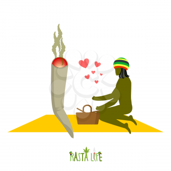 Rasta life. Rastaman and joint or spliff in picnic. Man and smoking drug in nature. Marijuana lovers and basket with food. Romantic illustration hemp
