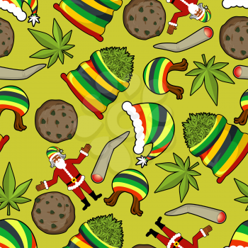 Rastaman pattern. Rasta Santa Claus ornament. Big sack of cannabis. bag of marijuana. Pile of green cannabis. Large joint or spliff. Smoking dope. Cheerful grandfather and Rastafarian hat. New Year in