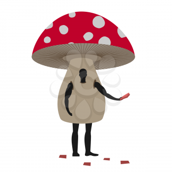 Mushroom man mascot promoter. Male in suit amanita distributes flyers. Puppets fungus engaged in advertising goods
