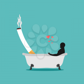 Lover smoke. Man and cigarette in bath. Smoker bathing. Nicotine lovers clean. Romantic illustration of smoking
