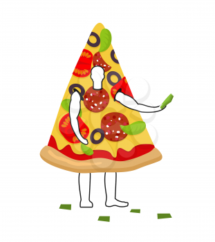 Pizza man mascot promoter. Male in suit slice distributes flyers. Puppets food engaged in advertising goods
