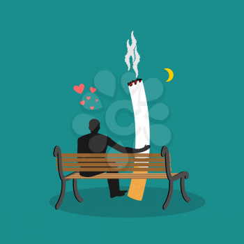 Lover smoke. Man and cigarette looking moon. Smoker on bench. Nicotine lovers night sky. Romantic illustration of smoking
