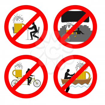 Forbidden to drink alcohol in public places. Stop mug of beer at restaurant. Ban liquor in movie theater. It is prohibited to drink on bike
