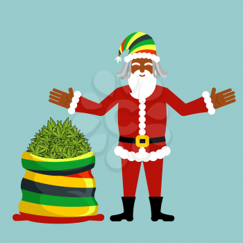Rasta Santa Claus wishes. Big santas sack hemp . Bag of marijuana. Pile of green cannabis. Smoking drug. Cheerful grandfather with dreadlocks and Rastafarian hat. New Year in Jamaica
