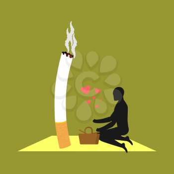 Lover smoke. Man and cigarette on picnic. Smoker in nature. Nicotine lovers and basket with food. Romantic illustration of smoking
