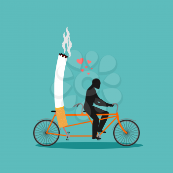 Lover smoke. Man and cigarette on bicycle. Smoker on tandem. Nicotine lovers ride bike. Romantic illustration of smoking
