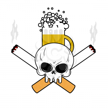 Skull and beer and crossbones cigarettes. Smoking and Alcohol leads to an emblem of death. Logo for disastrous way of life
