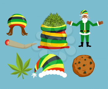 Rasta New Year icons set. Santa Claus and Big sack hemp. bag of marijuana. pile of green cannabis. Large joint or spliff. Smoking dope. Cheerful grandfather and Rastafarian hat. Christmas in Jamaica
