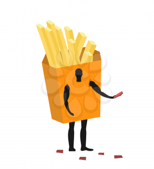 French fries costume man mascot promoter. Male in suit potato distributes flyers. Puppets food engaged in advertising goods