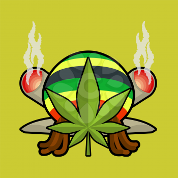 Rasta logo. Cannabis Leaf and joint or spliff. Rastaman cap and dreadlocks. Emblem for Rastafarian. Reggie sign
